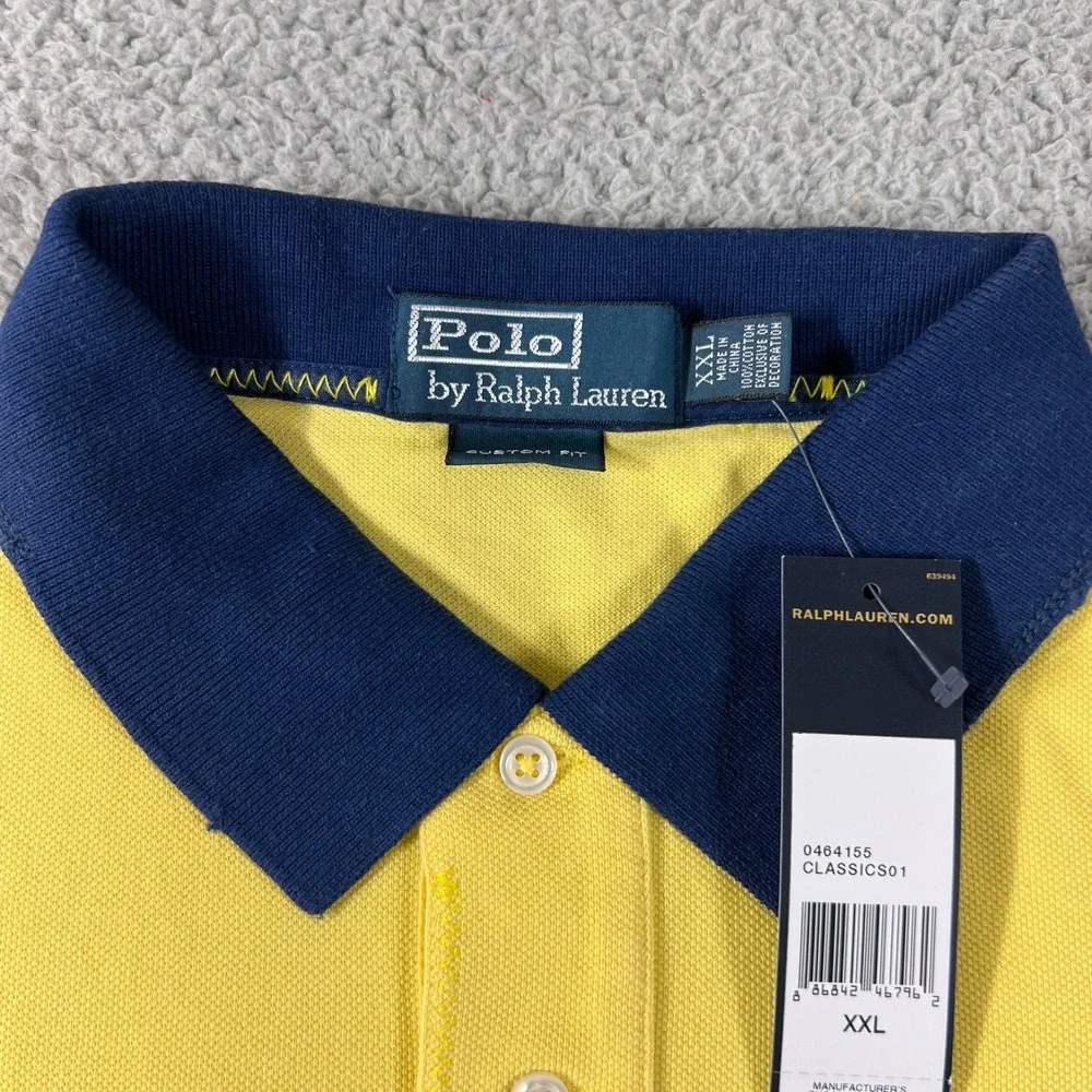 Polo Ralph Lauren Polo Shirt Men XXL Yellow Navy Big Pony Custom Fit Vintage NWT